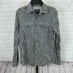 American Eagle Navy and White Plaid Snap Western Shirt Size Medium